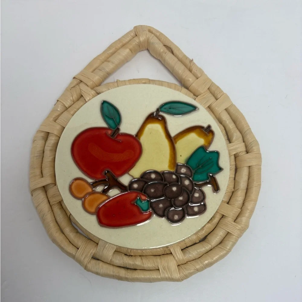 Vintage Fruit Themed Ceramic Tile Trivet Wall Decor on Rattan